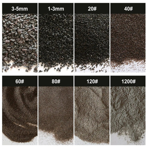 Various grit sizes of sandblasting media, focusing on 80 Grit Aluminum Oxide Sandblasting Media Pro Grade Heavy Duty For Metal And Glass Prep, Long Lasting High Abrasive Power For Sand Blasters Cabinets And Guns, Rust Removal And Etching Ready, 1 Pound.