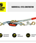 2 Ton Heavy Duty Come Along Puller With 3 Hooks Dual Gear Power Ratchet Steel Cable Winch highlighting all-steel construction.