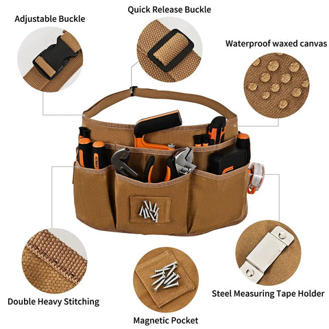 Heavy Duty Waxed Canvas Tool Apron With 13 Pockets And Nail Apron, Woodworking Belt For Pros And DIYers, with belt details.