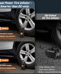 Cordless Tire Inflator Portable Air Compressor With Dual Power And 5400 mAh Battery next to car tire, showing battery use