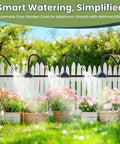 Comprehensive 40 Nozzles Drip Irrigation Kit Plug And Play With No Fuss Setup spraying flowers in garden in front of fence