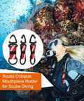 Diver using Scuba Octopus Holder Set Silicone Mouthpiece Keeper And Second Stage Regulator Tube Holder with coral reef backdrop