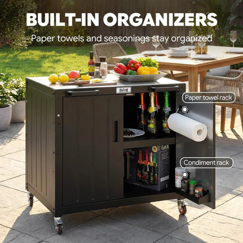 Patio-Ready Outdoor Grill Cart With Storage Cabinet And Stainless Steel Top, 35-Inch Grill Station With Door, outdoor setup.