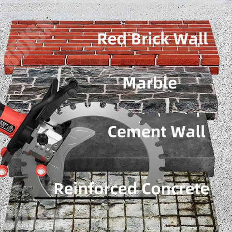 16 Inch Electric Concrete Saw With 9800W High Power Motor and water fed dust suppression cutting through red brick, marble, cement, and reinforced concrete.