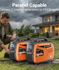 Man connecting two Powerful 5000W Inverter Generators For Home Backup And Outdoor Adventures, gas powered, parallel capable
