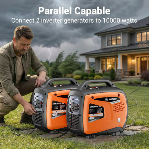 Man connecting two Powerful 5000W Inverter Generators For Home Backup And Outdoor Adventures, gas powered, parallel capable