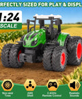 All Terrain Farm Tractor Toy For Kids 3 To 7 Years Old, 1 To 24 Scale Monster Truck With 8 Wheels on dirt with field backdrop