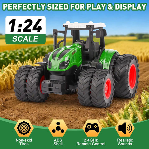 All Terrain Farm Tractor Toy For Kids 3 To 7 Years Old, 1 To 24 Scale Monster Truck With 8 Wheels on dirt with field backdrop