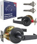 Black Commercial Door Lever Lockset Grade 2 Heavy Duty Keyed Entry For High Traffic Offices Schools Medical Facilities And Industrial Spaces UL And CUL ADA Compliant ANSI A156.2, shown in packaging with two keys