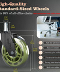 Top Shelf Office Chair Wheels Replacement Set Of 5 With Silky Smooth Quiet Rolling Rubber Casters 3 Inch profile measurement display