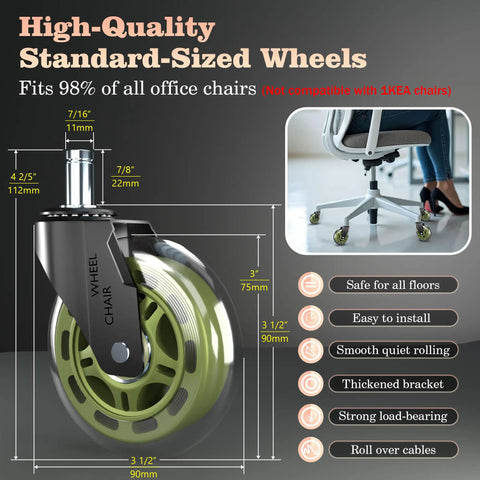 Top Shelf Office Chair Wheels Replacement Set Of 5 With Silky Smooth Quiet Rolling Rubber Casters 3 Inch profile measurement display