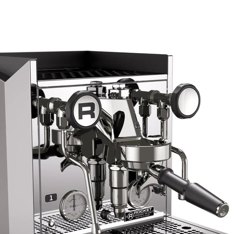 Close-up of Giotto Fast R Espresso Machine With Rotary Pump And Heat Exchanger And PID Temperature Control In Chrome Finish.