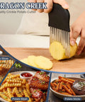 Dragon Creek stainless steel crinkle potato cutter with non-slip black handle slicing large potatoes.