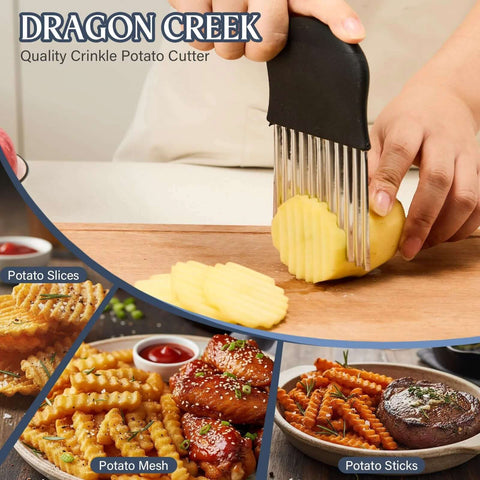 Dragon Creek stainless steel crinkle potato cutter with non-slip black handle slicing large potatoes.