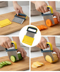 Crinkle cutter knife with yellow handle and stainless steel wavy blades, front view on cutting board
Crinkle cutter with yellow handle and stainless steel wavy blades, side view cutting carrot on board
Close-up of crinkle cutter slicing cucumber; yellow handle and stainless steel ridged blades
Crinkle cutter slicing potato into ridged chips; yellow handle