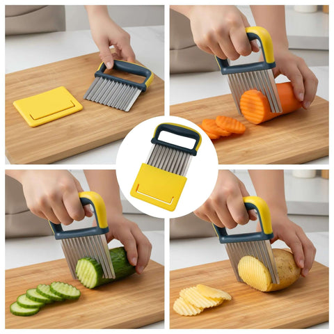 Crinkle cutter knife with yellow handle and stainless steel wavy blades, front view on cutting board
Crinkle cutter with yellow handle and stainless steel wavy blades, side view cutting carrot on board
Close-up of crinkle cutter slicing cucumber; yellow handle and stainless steel ridged blades
Crinkle cutter slicing potato into ridged chips; yellow handle