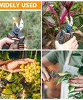 Hands using Workhorse Ultra Sharp 8.5 Inch Bypass Pruning Shears For Garden Use With Titanium Coated SK5 Steel on plants and grapes
