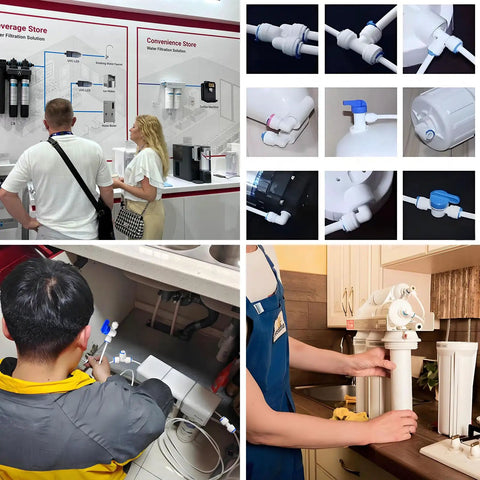 One Quarter Inch Female Thread To One Quarter Inch Tube Straight No Fuss Quick Connect Adapter Push Fit Plastic Pipe Fitting For RO Water Filtration Systems Beverage Dispensers And Purifiers Five Pack displayed in various uses and installations.