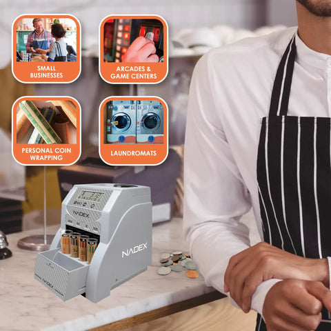 Fast Digital Coin Counter And Sorter Automatically Wrapping Loose Change At 200 Coins Per Minute While Auto Pausing On Full Loads As Screens Track Totals For Stress Free Deposit Days Built With Sleek Carbon Fiber Shell Making Bank Prep A Breeze in a café environment.