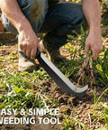 Person using Beastly Heavy Duty Yard Work Machete With Curve Blade For Cutting Trees And Brush Clearing Billhook Sickle on weeds