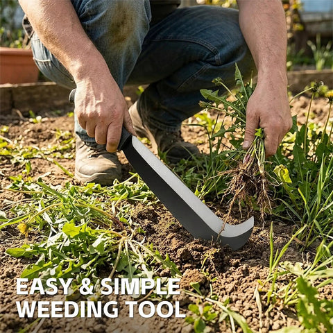 Person using Beastly Heavy Duty Yard Work Machete With Curve Blade For Cutting Trees And Brush Clearing Billhook Sickle on weeds