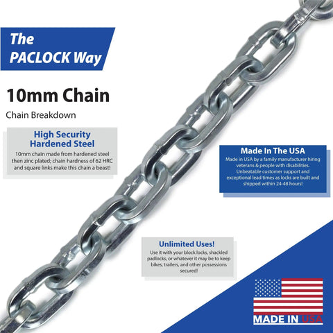 Dead Nuts Reliable 10mm Square Steel Chain Zinc Plated Hardened Metal 10 Feet Long Made In Usa close-up of rugged chain links for towing and securing.