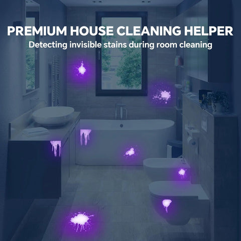 Bathroom with invisible stains revealed by 365Nm UV Black Light Flashlight With LCD Display Rechargeable 30W Ultraviolet Flashlight