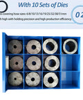 10 sets of dies for Badass Electric Hydraulic Hose Crimper Rock Solid Press Machine, sizes 6-51mm for hose fittings.