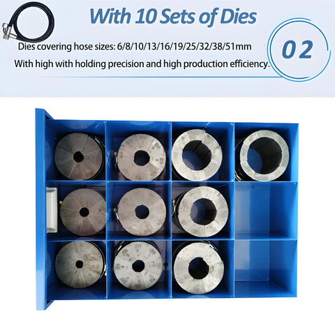 10 sets of dies for Badass Electric Hydraulic Hose Crimper Rock Solid Press Machine, sizes 6-51mm for hose fittings.