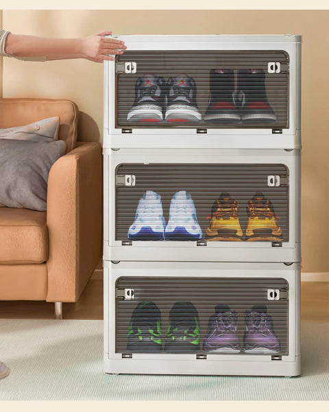 Large Capacity Shoe Storage Bin With Lids Stackable Plastic Organizer For Entryway Hallway Garage Space Saving Foldable Shoe Rack Keeps Kicks Tidy In White showing three bins with shoes