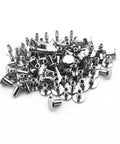 50 Pack Nickel Plated Chicago Screws Featuring Durable Carbon Steel Build And Easy Grip Cross Head For Securing Leather Goods Planning Sheets And Custom Book Bindings Top Shelf Legit Craft Gear in a pile.