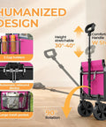 All In One Portable Collapsible Wagon Cart With Removable Side Lightweight Foldable Utility Groceries Wagon For Dogs Cats Camping Beach Shopping Sports Gardening Fishing Pink with handle view and features.