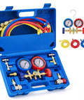 Orion Motor Tech AC manifold gauge set in blue case with red, blue and yellow hoses and brass fittings.