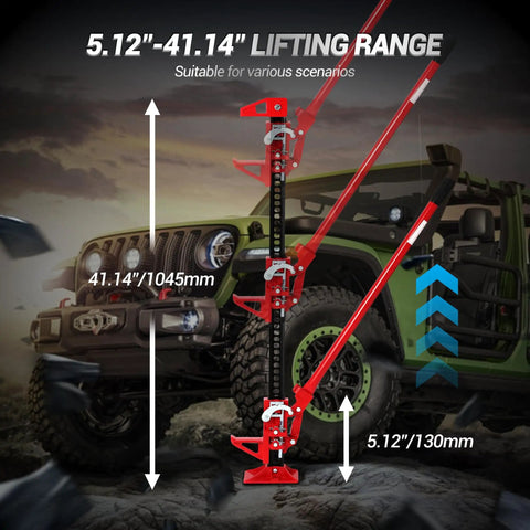 Beefy 7000 Pound Capacity High Lift Farm Jack With Ratcheting Mechanism 48 Inch Lift Adjustable 5.12 To 41.14 Inch Height Range