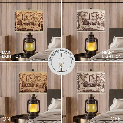 Lantern Table Lamps Set Of 2 With Nightlight And USB Power Outlet, Dark Bronze Finish, Linen Hardback Shade, 4-way switch options