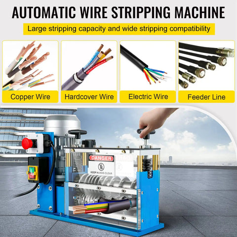 Automatic Wire Stripping Machine With 370W Motor Delivers Fast Copper Cable Stripping From 0.06 Inch To 1.5 Inch Up To 98 Feet Per Minute 11 Channels 10 Blades Ideal For Scrap Recycling And Save You Time On Cable Prep, shown in use stripping various wires.