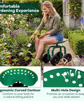 All Terrain Garden Cart With Swivel Seat Rolling Work Stool used by woman for gardening in lawn, showing green seat design