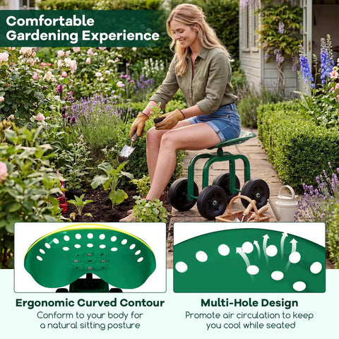 All Terrain Garden Cart With Swivel Seat Rolling Work Stool used by woman for gardening in lawn, showing green seat design