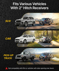 Heavy Duty 4 Bike Hitch Rack For Cars Trucks And SUVs With 2 Inch Receiver shown on SUV, car, and pickup truck