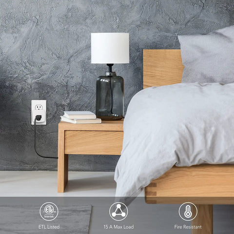 Smart Plug Mini 15A WiFi Outlet Works With Alexa And Google Assistant, Remote Control with timer in bedroom setup.