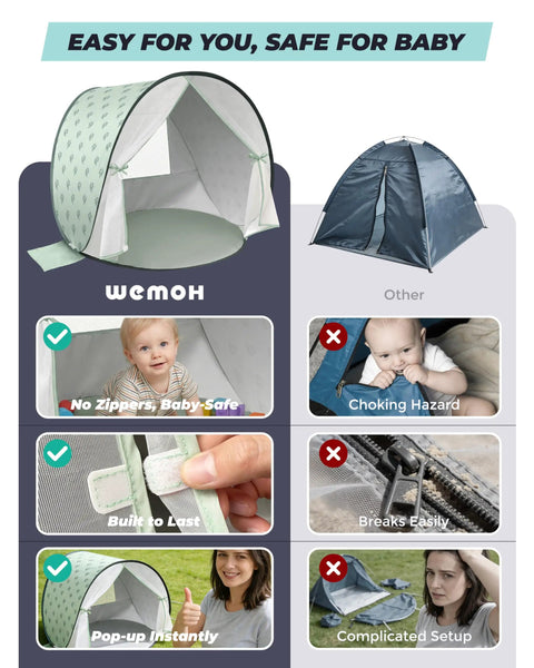 Comparison of Pop Up Baby Beach Tent With UPF 50+ Sun Shade Mosquito Net and traditional tent, highlighting safety and ease of use