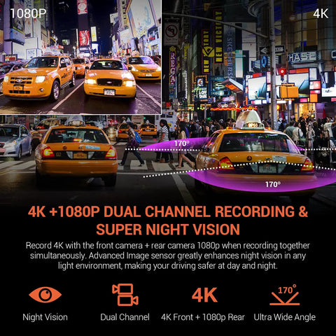 Dual Channel Dash Cam With Front 4K And Rear 1080p Recording Wi Fi night vision demo with city traffic