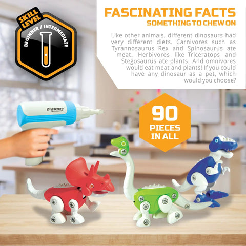 90 Piece Dino Construction Set With Kid Safe Power Screwdriver And Screws Build Brachiosaurus T Rex And Triceratops Action Model Kit