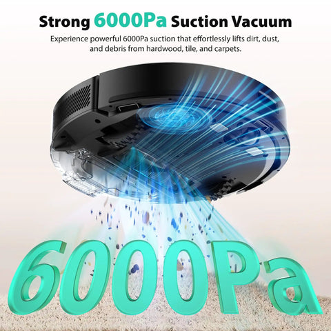 Robot Vacuum And Mop With 6000Pa Suction, Self Emptying Base For 90 Days Capacity, shown from below highlighting suction power