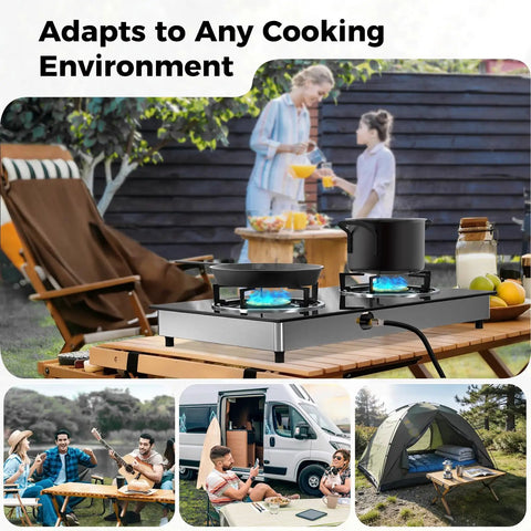 Grillin Ready Portable Double Burner Propane Stove With Auto Ignition on picnic table, camping scene in background, outdoors