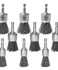 9 Piece Drill Wire Brush Set With Crimped End Knotted Brushes In 0.8, 1, And 1.2 Inch Sizes, 1 Quarter Inch Hex Shank displayed
