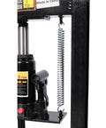 Side view of 6 Ton Bottle Jack Shop Press With Gauge For Bending Straightening And Pressing Parts Like Bearings U Joints Bushings Ball Joints And Pulleys In Auto Shop Or Garage Pro Grade Heavy Duty showing spring and hydraulic component.