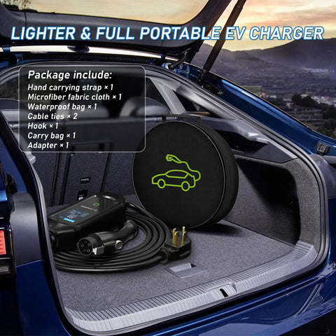 Plug And Play Type 2 Electric Vehicle Charger With Nema 14 50 Outlet Adjustable 32 Amps and portable carry bag in trunk.