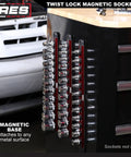 15.5 Inch Red Twist Lock Magnetic Socket Rail Set holding 36 sockets on toolbox with magnetic base, lightweight aluminum organizer.
