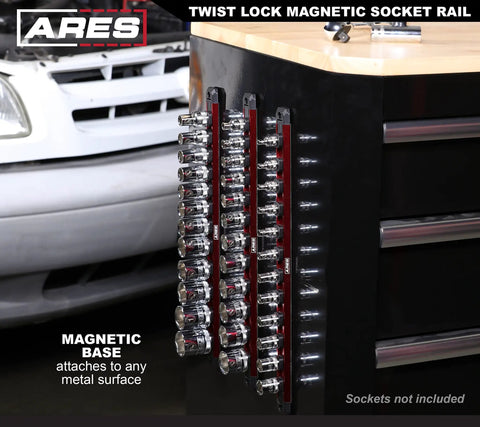 15.5 Inch Red Twist Lock Magnetic Socket Rail Set holding 36 sockets on toolbox with magnetic base, lightweight aluminum organizer.